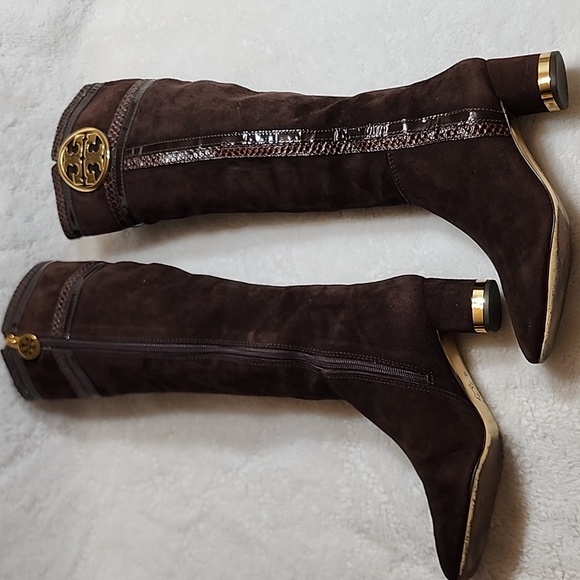 Tory Burch Uma Brown Genuine Suede Knee High Full Zip Trim Riding Boots Sz 7 - Picture 10 of 16